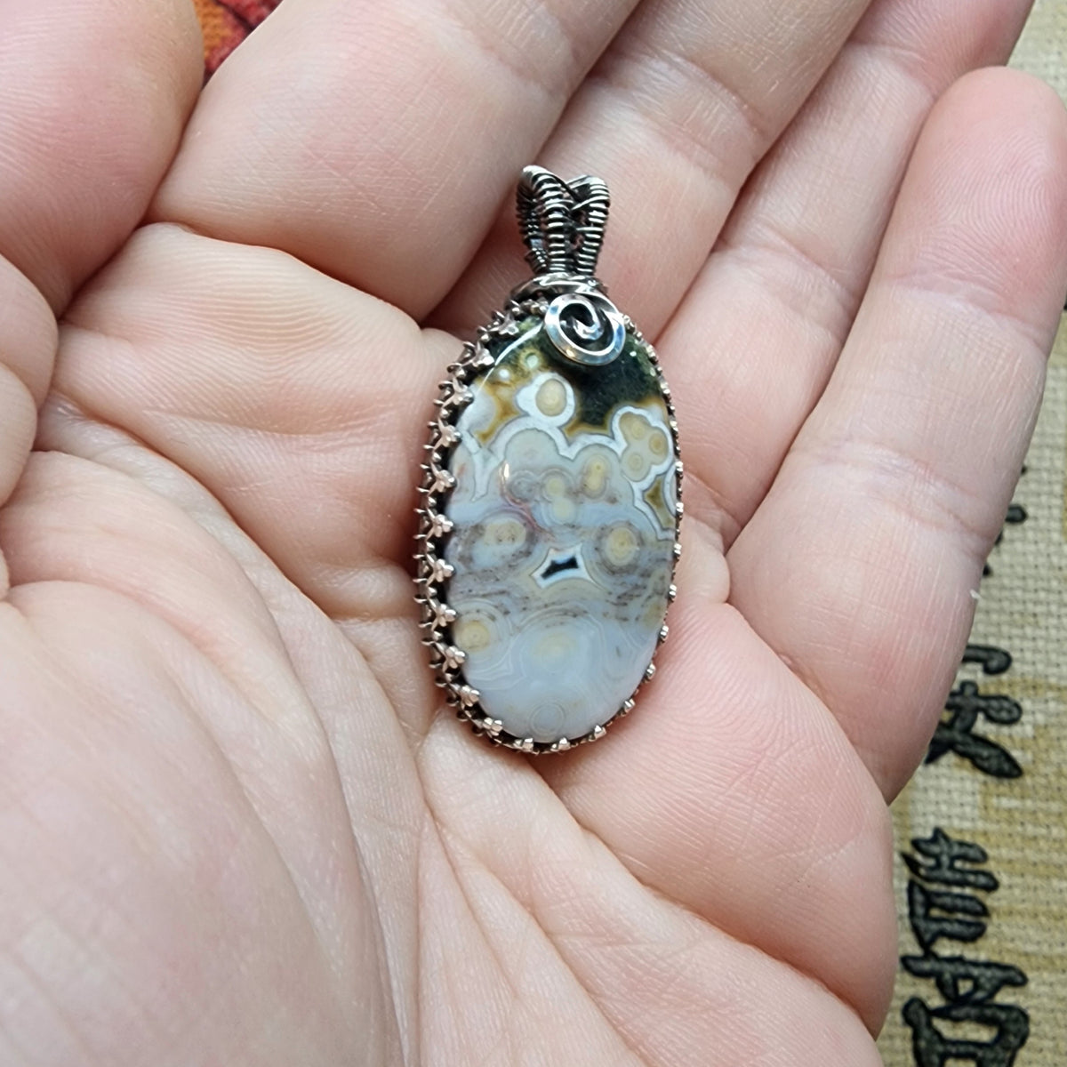 Bubbily Polka Dot Ocean Jasper Stone Pendant Necklace in Sterling Silver