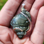 Carved Green Labradorite Sea Shell Pendant in Sterling Silver