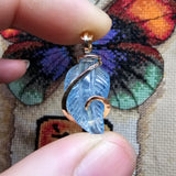 Carved Blue Aquamarine Leaf Wire Wrapped Pendant in 14kt Yellow Gold Fill