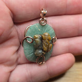 Carved Tiger Eye Frog on Aventurine Lilypad Pendant in 14kt Rose Gold Fill