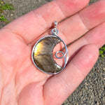 Carved Sunset Orange Labradorite Crescent Moon Pendant in Sterling Silver