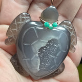 Carved Agate Crystal Geode Sea Turtle with Emerald Accent Pendant in Rose Gold Filled