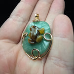 Carved Tiger Eye Frog on Aventurine Lilypad Pendant in 14kt Yellow Gold Fill