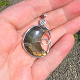 Carved Sunset Orange Labradorite Crescent Moon Pendant in Sterling Silver