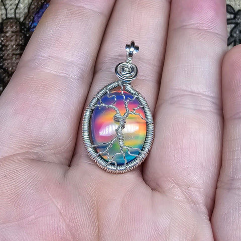 Petite Aurora Opal Tree of Life Pendant In Sterling Silver