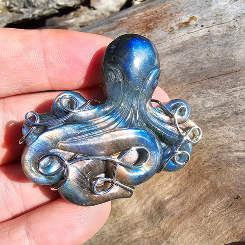 Carved Purple Pink Blue Labradorite Octopus Pendant