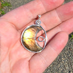 Carved Sunset Orange Labradorite Crescent Moon Pendant in Sterling Silver