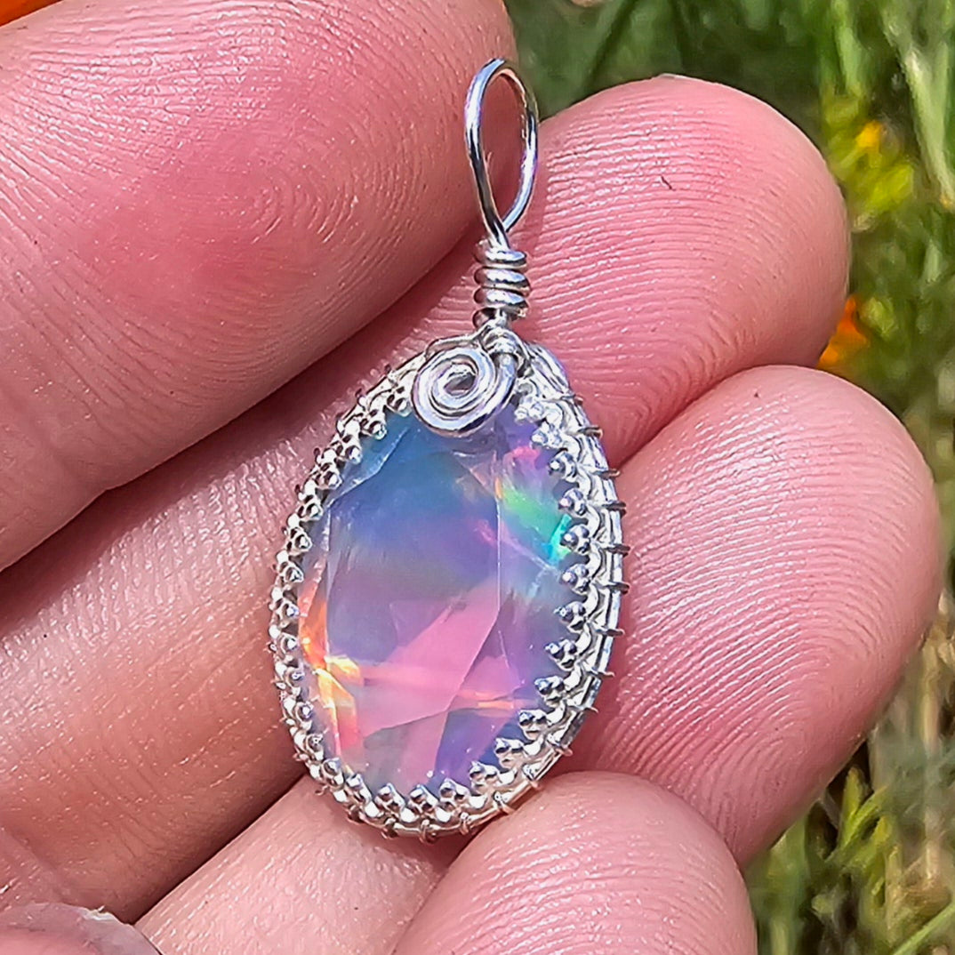 Double Sided Rainbow Aurora Opal Oval Pendant In Antiqued Sterling ...