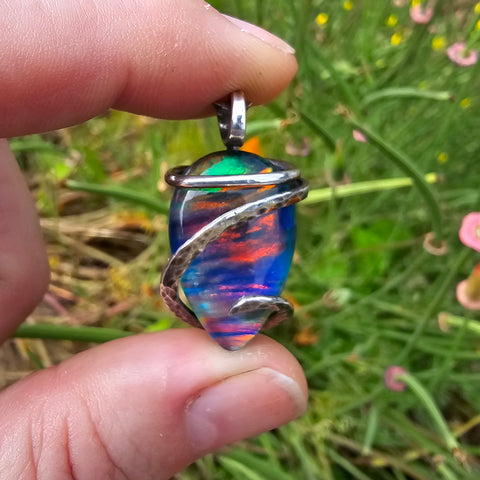 Large Rainbow Aurora Opal Pendant In Hammered Sterling Silver