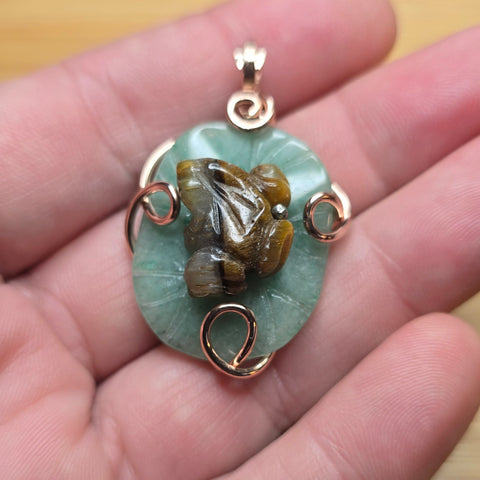 Carved Tiger Eye Frog on Aventurine Lilypad Pendant in 14kt Rose Gold Fill