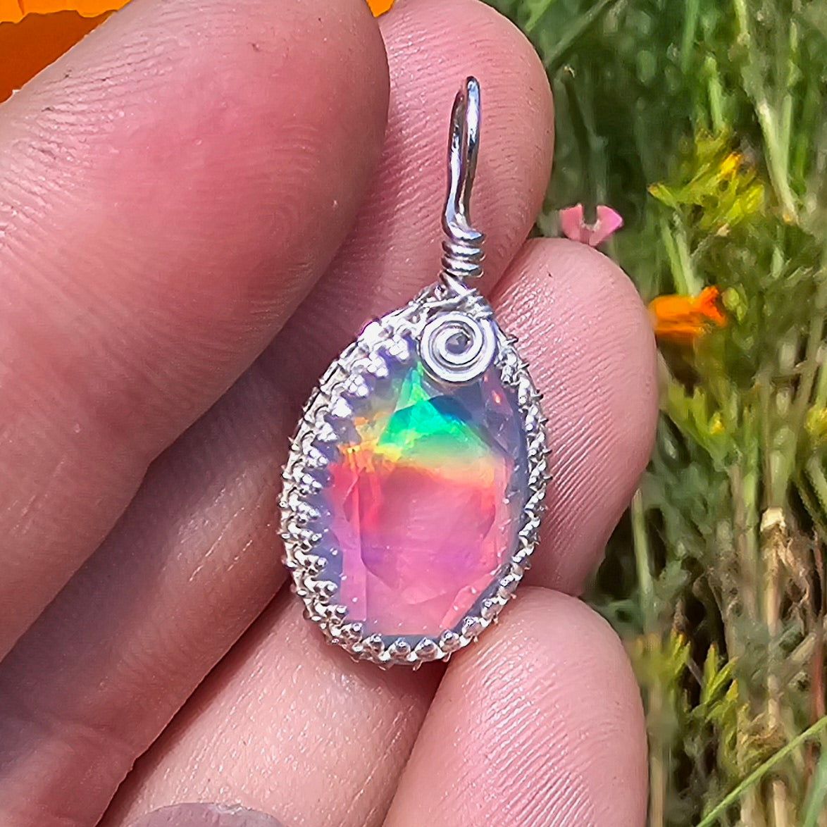 Double Sided Rainbow Aurora Opal Oval Pendant In Antiqued Sterling ...