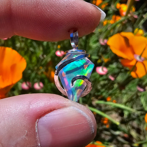 Faceted Rainbow Aurora Opal Pendant In Hammered Sterling Silver with 20 Inch Chain