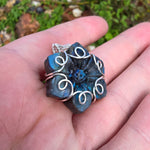 Carved Blue Green Labradorite Flower Sterling Silver Pendant