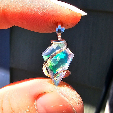 Rose Cut Rainbow Aurora Opal Pendant In Hammered Sterling Silver with 20 Inch Chain