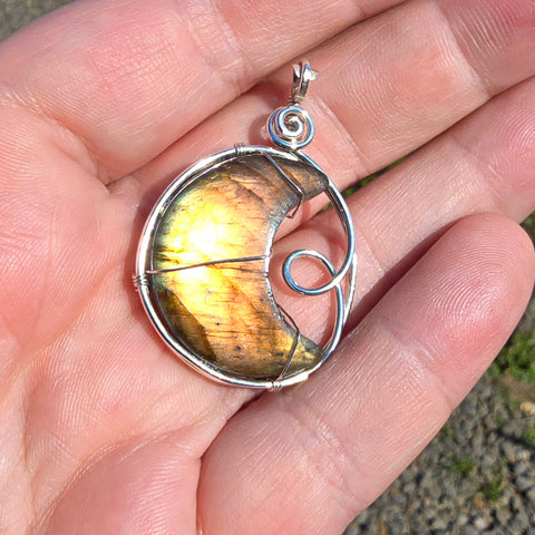 Carved Sunset Orange Labradorite Crescent Moon Pendant in Sterling Silver