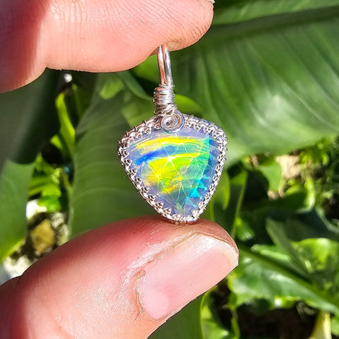 Double Sided Faceted Rainbow Aurora Opal Pendant In Sterling Silver