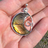 Carved Sunset Orange Labradorite Crescent Moon Pendant in Sterling Silver