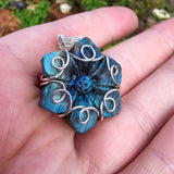 Carved Blue Green Labradorite Flower Sterling Silver Pendant