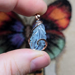 Carved Blue Aquamarine Feather Wire Wrapped Pendant in 14kt Rose Gold Fill