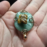 Carved Tiger Eye Frog on Aventurine Lilypad Pendant in 14kt Yellow Gold Fill