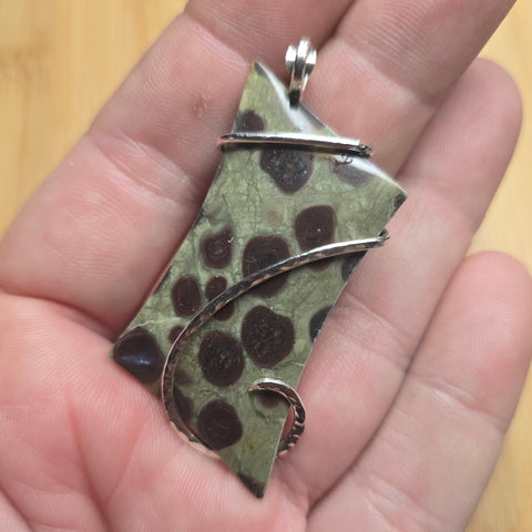 Green and Brown Cone Pine Forest Oolite Limestone Polka Dot Pendant in Sterling Silver