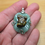 Carved Tiger Eye Frog on Aventurine Lilypad Pendant Sterling Silver