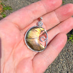 Carved Sunset Orange Labradorite Crescent Moon Pendant in Sterling Silver