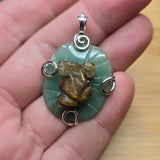 Carved Tiger Eye Frog on Aventurine Lilypad Pendant in Sterling Silver