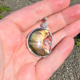 Carved Sunset Orange Labradorite Crescent Moon Pendant in Sterling Silver