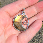 Carved Sunset Orange Labradorite Crescent Moon Pendant in Sterling Silver