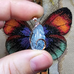 Carved Blue Aquamarine Feather Wire Wrapped Pendant in 14kt Rose Gold Fill