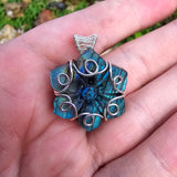 Carved Blue Green Labradorite Flower Sterling Silver Pendant