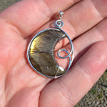 Carved Sunset Orange Labradorite Crescent Moon Pendant in Sterling Silver