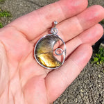 Carved Sunset Orange Labradorite Crescent Moon Pendant in Sterling Silver