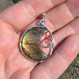 Carved Sunset Orange Labradorite Crescent Moon Pendant in Sterling Silver