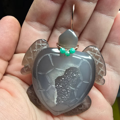 Carved Agate Crystal Geode Sea Turtle with Emerald Accent Pendant in Rose Gold Filled