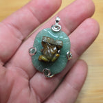 Carved Tiger Eye Frog on Aventurine Lilypad Pendant Sterling Silver