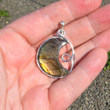 Carved Sunset Orange Labradorite Crescent Moon Pendant in Sterling Silver