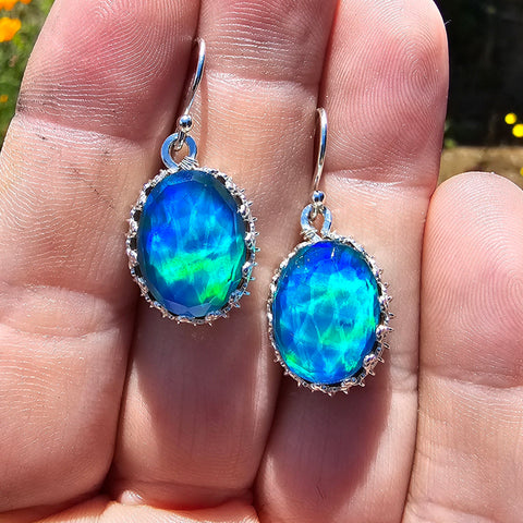 Rose Cut Blue Pool Aurora Opal Earrings In Sterling Silver