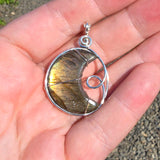 Carved Sunset Orange Labradorite Crescent Moon Pendant in Sterling Silver