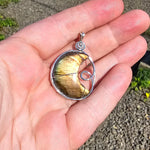 Carved Sunset Orange Labradorite Crescent Moon Pendant in Sterling Silver