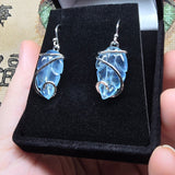 Carved Blue Aquamarine Leaf Wire Wrapped Earrings in Sterling Silver