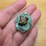 Carved Tiger Eye Frog on Aventurine Lilypad Pendant Sterling Silver