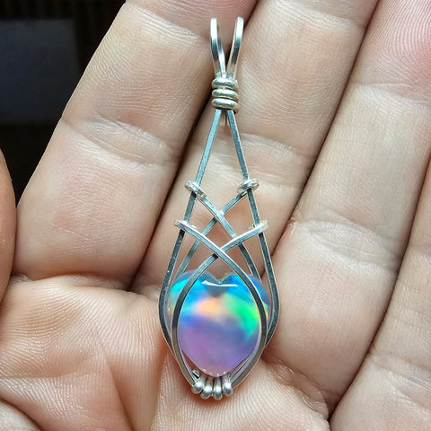 Aurora Opal Heart Elven Wrap Pendant in Sterling Silver