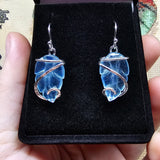 Carved Blue Aquamarine Leaf Wire Wrapped Earrings in Sterling Silver