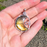 Carved Sunset Orange Labradorite Crescent Moon Pendant in Sterling Silver