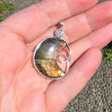 Carved Sunset Orange Labradorite Crescent Moon Pendant in Sterling Silver