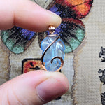 Carved Blue Aquamarine Leaf Wire Wrapped Pendant in 14kt Rose Gold Fill