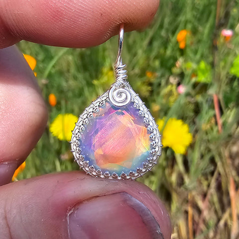Double Sided Rainbow Aurora Opal Drop Pendant In Antiqued Sterling Silver