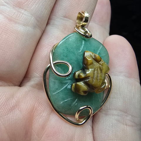 Carved Tiger Eye Frog on Aventurine Lilypad Pendant in 14kt Yellow Gold Fill